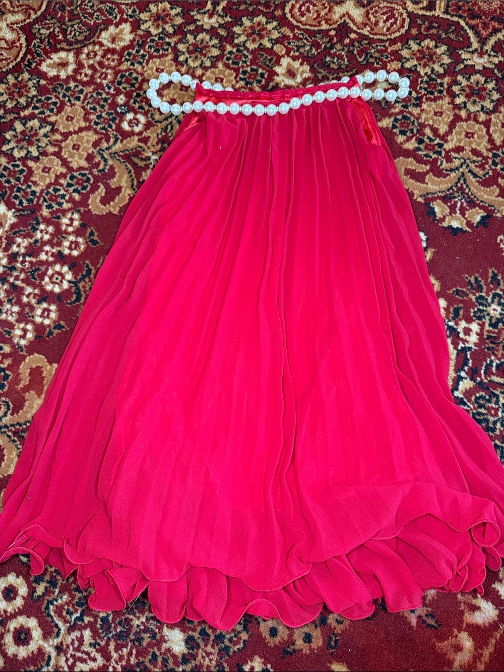 Pleated Red Chiffon Midi Skirt with Pearl Waist Detail